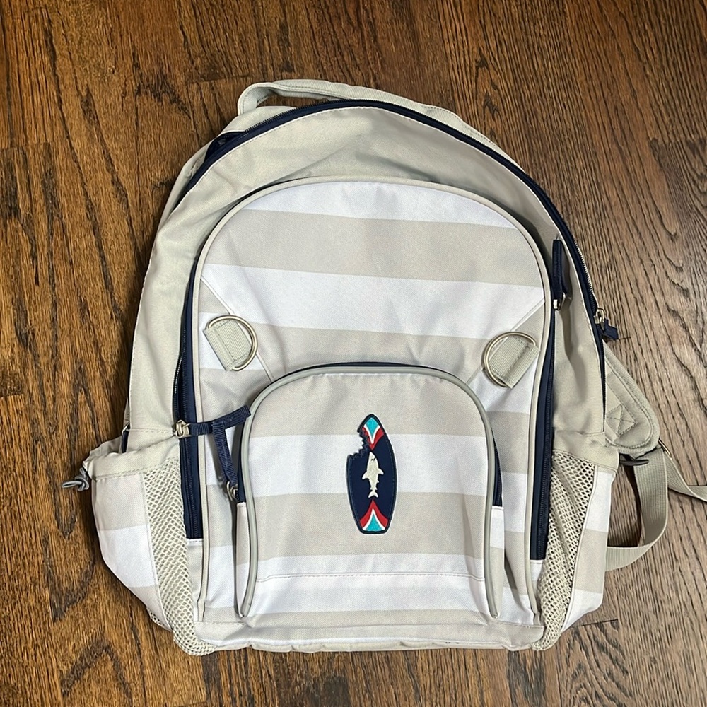 Pottery Barn Kids Backpack NWOT; Gray and White Stripes w/ Surf Board Applique